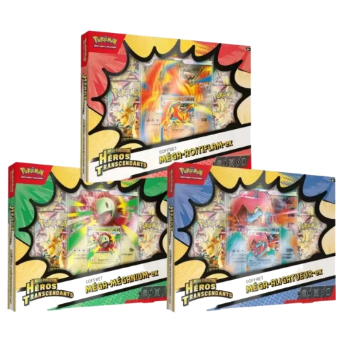 coffret-pokemon-mega-ex-heros-transcendants-4-boosters-3-modeles Coffret Pokémon ex Héros Transcendants ME02.5 avec 4 boosters